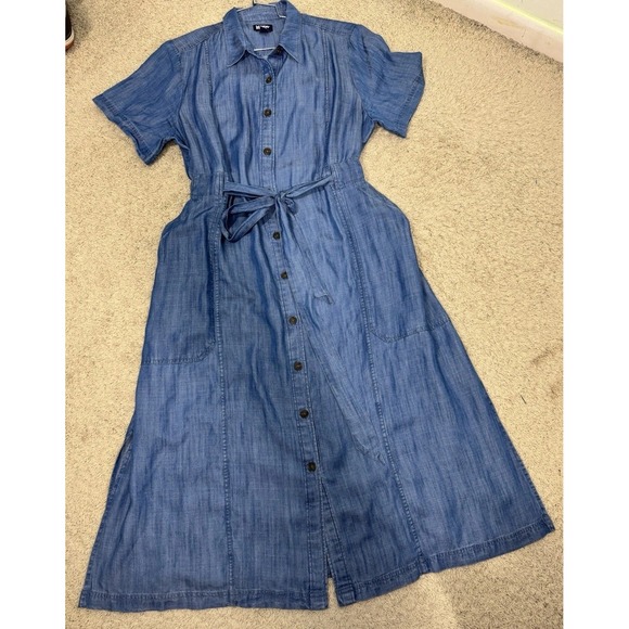Lands' End Womens Chambray Midi Shirt Dress Size L Blue Short Sleeve Casual Work - Picture 6 of 13